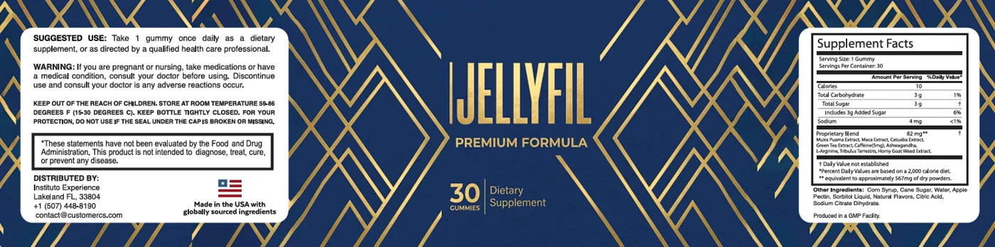 JellyFil label with Supplement Facts: 82 mg proprietary blend of Muira Puama, Maca, Catuaba, Green Tea, Caffeine 5 mg, Ashwagandha, L-Arginine, Tribulus Terrestris and Horny Goat Weed extracts